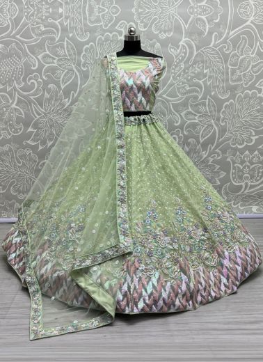 Light Green Net Embroidery & Sequins-Work Wedding-Wear Bridal Lehenga Choli