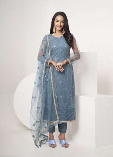 Steel Blue Net Sequins & Embroidery Work Party-Wear Salwar Kameez