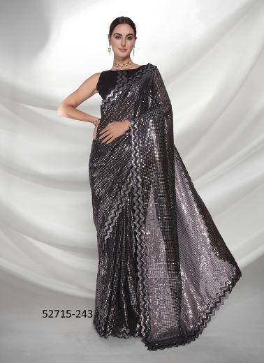 Black Georgette Embroidered Party-Wear Beautiful Saree