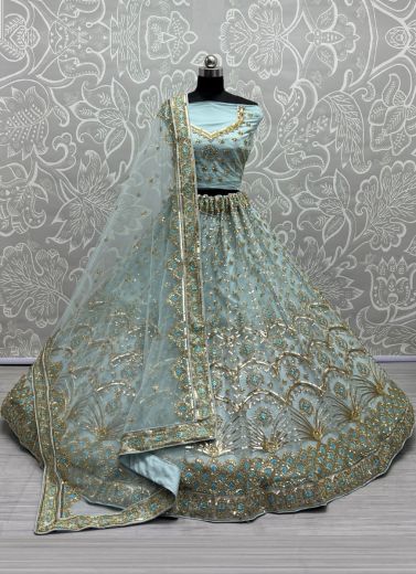 Light Blue Net Embroidery & Sequins-Work Wedding-Wear Bridal Lehenga Choli