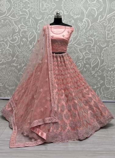 Pink Net With Thread, Diamond & Zarkan-Work Wedding-Wear Bridal Lehenga Choli