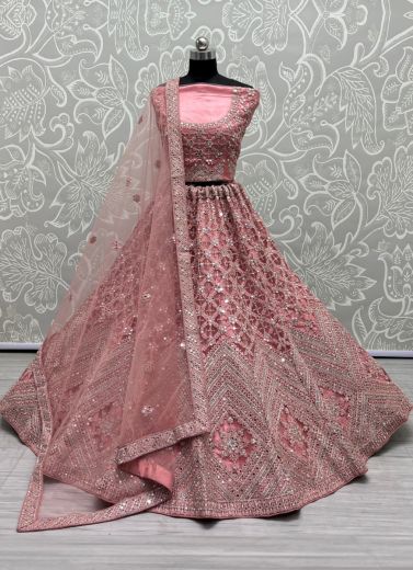 Pink Net With Thread, Mirror, Diamond & Stone-Work Wedding-Wear Bridal Lehenga Choli