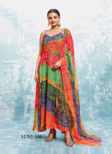 Multicolored Georgette Bandhani Printed Festive-Wear Trending Readymade Gown With Dupatta