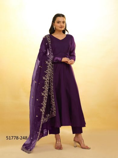 Dark Purple Organza Embroidered Party-Wear Trending Readymade Salwar Kameez