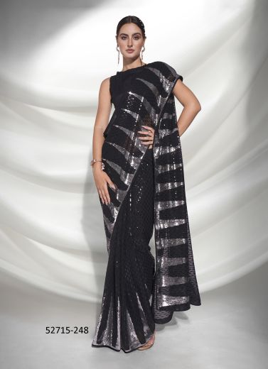 Black Georgette Embroidered Party-Wear Beautiful Saree