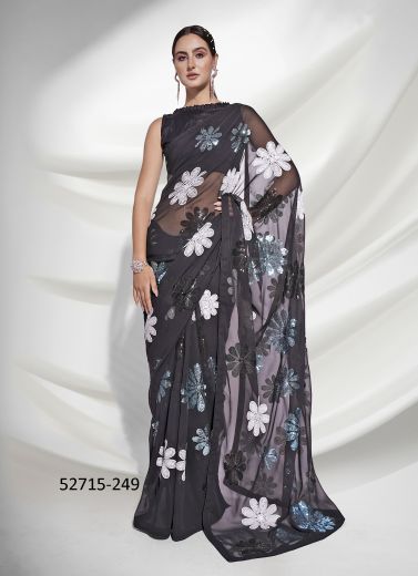 Black & White Georgette Embroidered Party-Wear Beautiful Saree