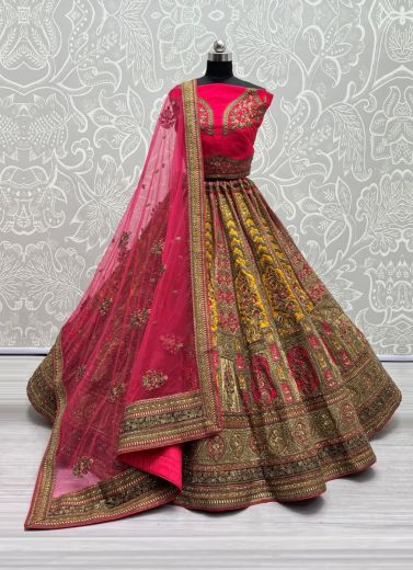 Yellow & Dark Pink Silk Sequins, Thread, Embroidery & Handwork Wedding-Wear Bridal Lehenga Choli