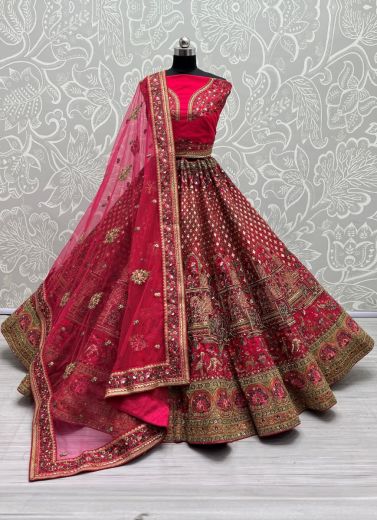 Pink Red Silk Sequins, Thread, Diamond & Hand-Work Wedding-Wear Bridal Lehenga Choli