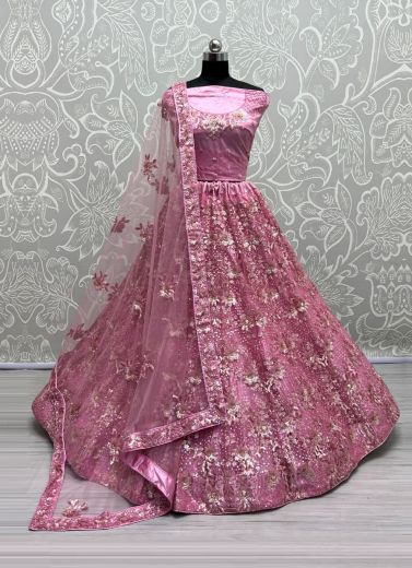 Lilac Net Thread, Embroidery, Sequins & Stone-Work Wedding-Wear Bridal Lehenga Choli