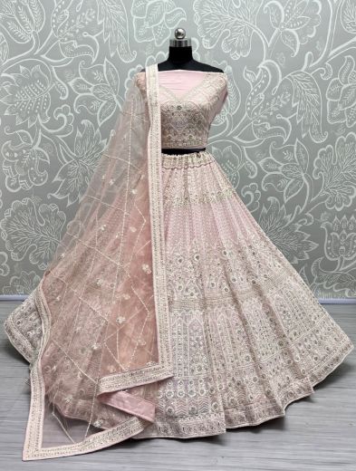 Light Baby Pink Net Stone & Thread-Work Wedding-Wear Lehenga Choli