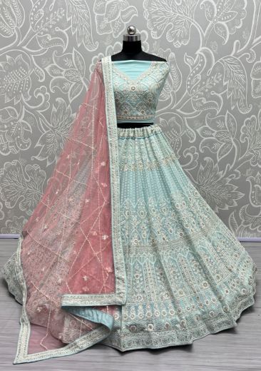 Light Blue Net Stone & Thread-Work Wedding-Wear Lehenga Choli