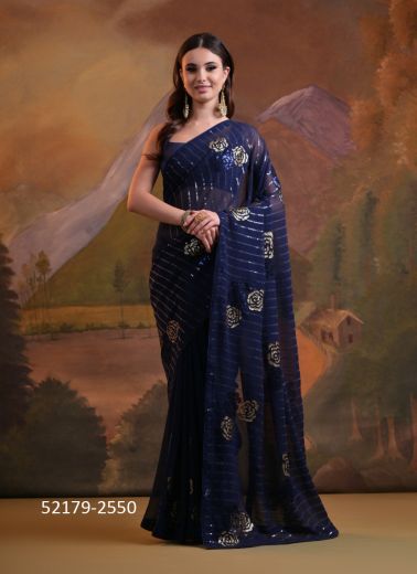 Dark Blue Georgette Sequins-Work Party-Wear Bollywood Saree