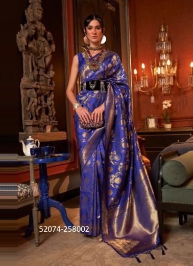 Blue Woven Silk Handloom Saree For Traditional / Religious Occasions