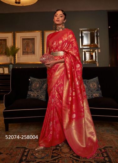 Red Woven Silk Handloom Saree For Traditional / Religious Occasions