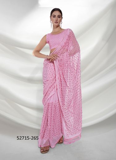 Pink Georgette Embroidered Party-Wear Beautiful Saree