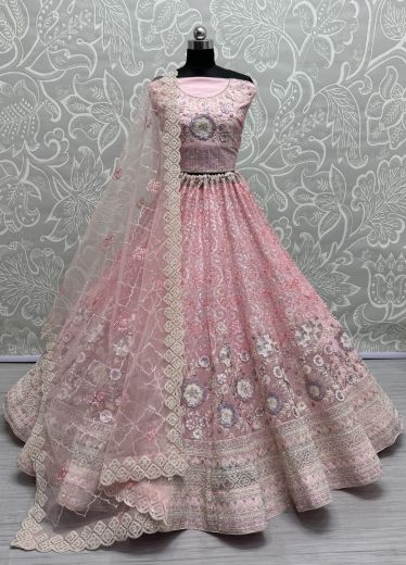 Light Pink Net Handwork Wedding-Wear Bridal Lehenga Choli