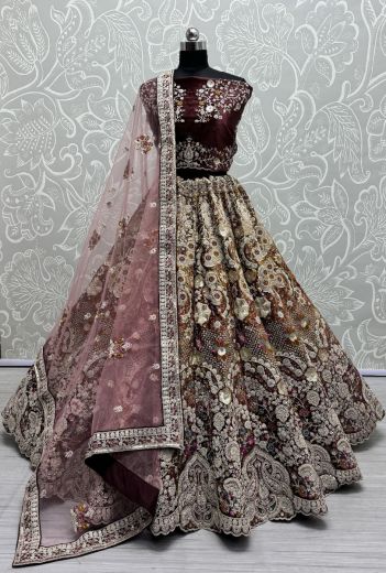 Copper Brown Velvet Handwork Wedding-Wear Bridal Lehenga Choli