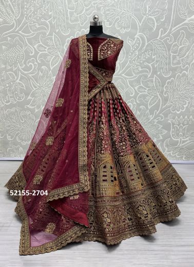 Maroon Velvet Handwork Wedding-Wear Bridal Lehenga Choli