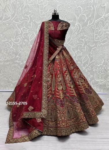 Magenta Velvet Handwork Wedding-Wear Bridal Lehenga Choli