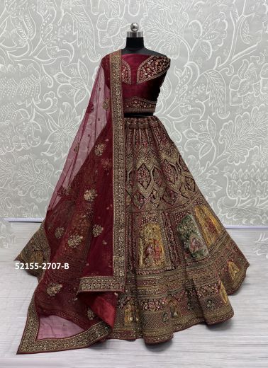 Maroon Velvet Handwork Wedding-Wear Bridal Lehenga Choli