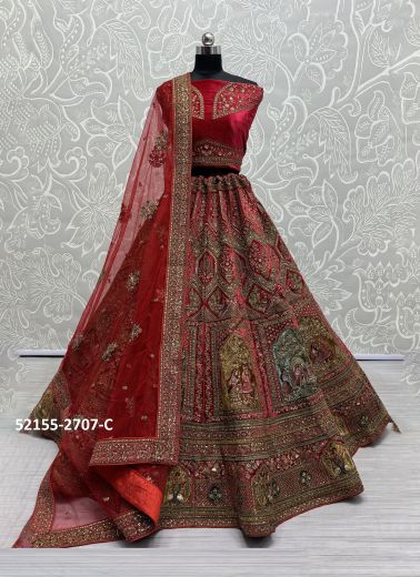 Red Velvet Handwork Wedding-Wear Bridal Lehenga Choli