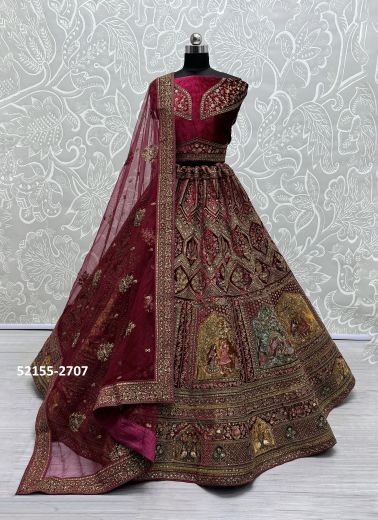 Dark Magenta Velvet Handwork Wedding-Wear Bridal Lehenga Choli