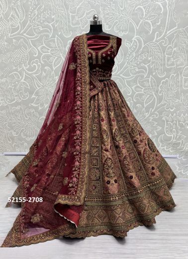 Peach Brocade Silk Handwork Wedding-Wear Bridal Lehenga Choli