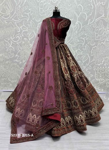 Maroon Velvet Handwork Wedding-Wear Bridal Lehenga Choli With Double Dupatta