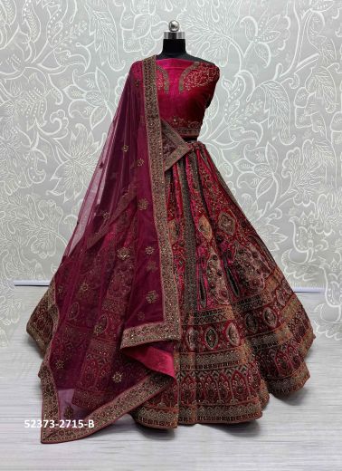 Dark Magenta Velvet Handwork Wedding-Wear Bridal Lehenga Choli With Double Dupatta