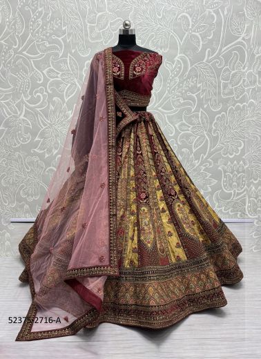 Maroon & Yellow Velvet Handwork Wedding-Wear Bridal Lehenga Choli With Double Dupatta