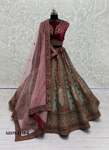 Maroon & Light Blue Velvet Handwork Wedding-Wear Bridal Lehenga Choli With Double Dupatta