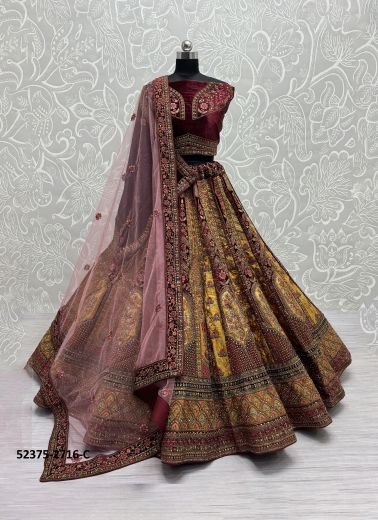 Maroon & Golden Velvet Handwork Wedding-Wear Bridal Lehenga Choli With Double Dupatta