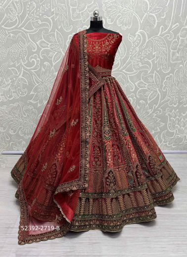 Red Velvet Handwork Wedding-Wear Bridal Lehenga Choli With Double Dupatta