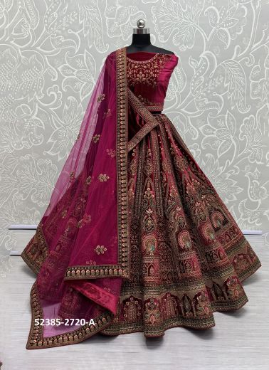 Multicolored Velvet Handwork Wedding-Wear Bridal Lehenga Choli With Double Dupatta