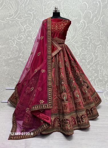 Multicolored Velvet Handwork Wedding-Wear Bridal Lehenga Choli With Double Dupatta