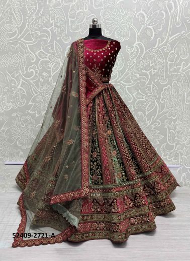 Maroon & Green Heavy Velvet Handwork Wedding-Wear Bridal Lehenga Choli With Double Dupatta