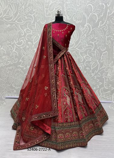 Multicolored Velvet Handwork Wedding-Wear Bridal Lehenga Choli With Double Dupatta