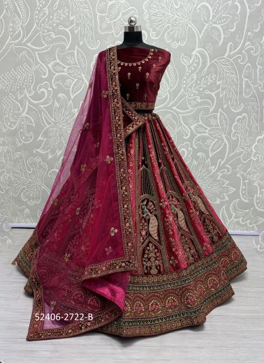 Multicolored Velvet Handwork Wedding-Wear Bridal Lehenga Choli With Double Dupatta