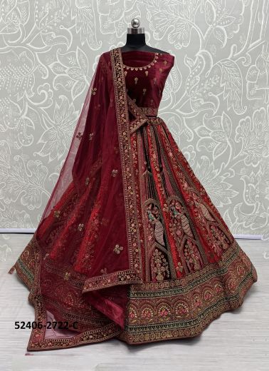 Multicolored Velvet Handwork Wedding-Wear Bridal Lehenga Choli With Double Dupatta