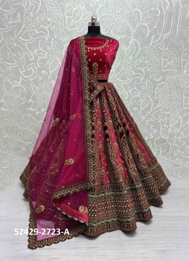 Wine & Dark Magenta Velvet Handwork Wedding-Wear Bridal Lehenga Choli With Double Dupatta