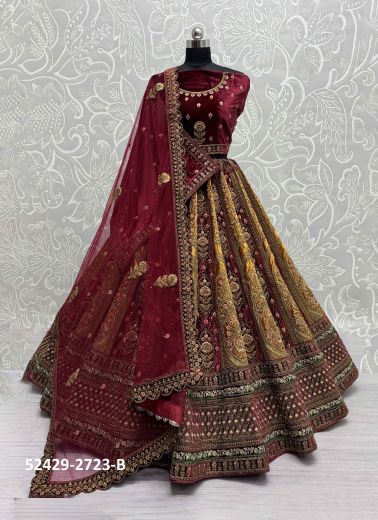 Golden & Maroon Velvet Handwork Wedding-Wear Bridal Lehenga Choli With Double Dupatta