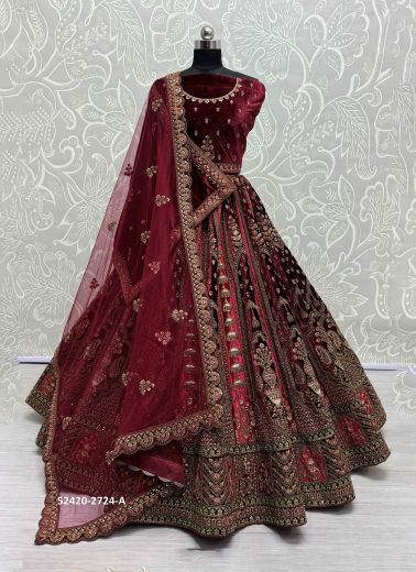 Dark Maroon Velvet Handwork Wedding-Wear Bridal Lehenga Choli With Double Dupatta