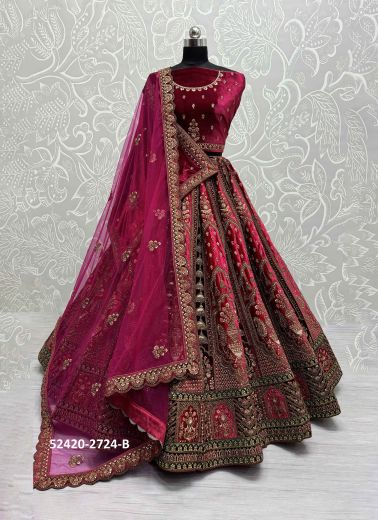 Dark Magenta Velvet Handwork Wedding-Wear Bridal Lehenga Choli With Double Dupatta