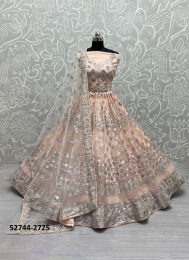 Light Peach Net Handwork Wedding-Wear Bridal Lehenga Choli