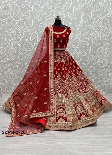 Red Velvet Handwork Wedding-Wear Bridal Lehenga Choli