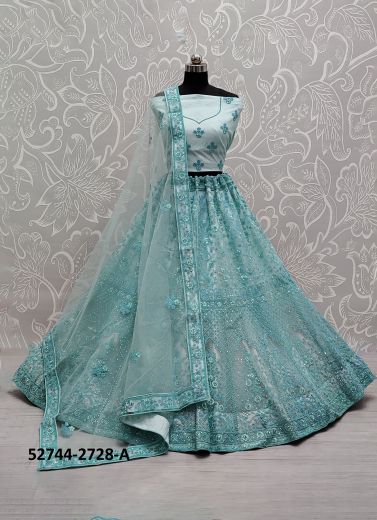 Sky Blue Net Handwork Wedding-Wear Bridal Lehenga Choli