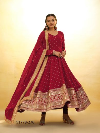 Crimson Red Georgette Embroidered Party-Wear Trending Readymade Salwar Kameez