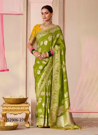 Olive Green Woven Dola Silk Wedding-Wear Saree