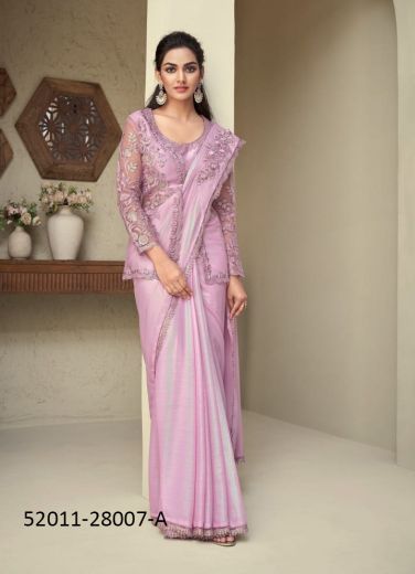 Lilac Silk Embroidered Party-Wear Boutique-Style Saree With Jacket