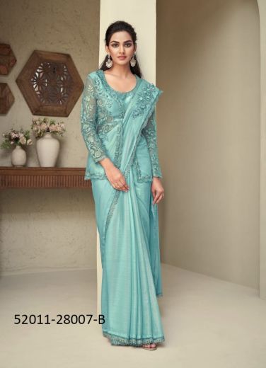 Aqua Silk Embroidered Party-Wear Boutique-Style Saree With Jacket